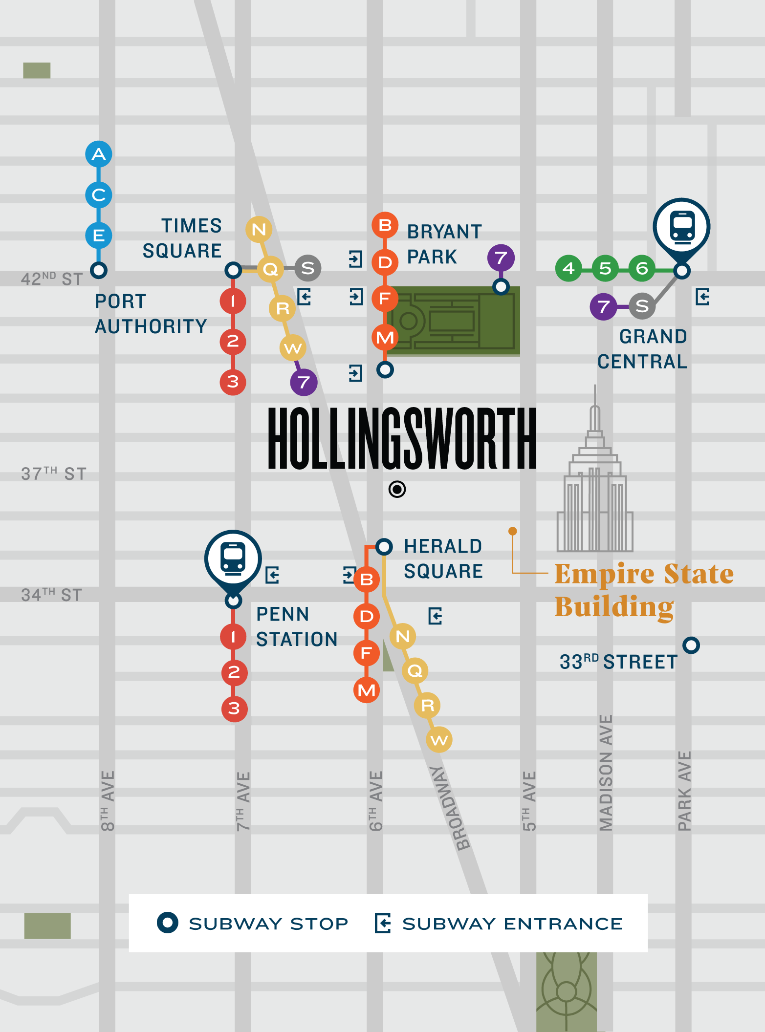 Mobile-Friendly Map Highlighting Where Hollingsworth Is in Relation to Iconic Location in NYC
