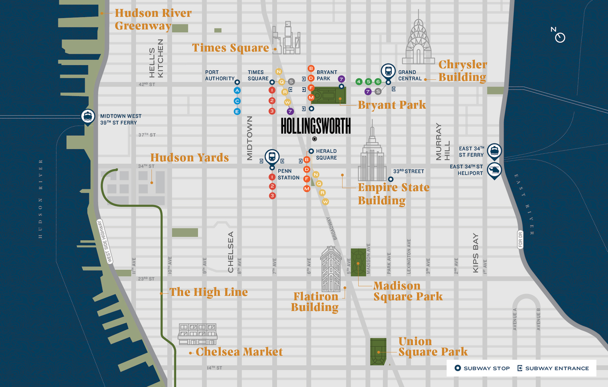 Map Depicting Hollingsworth in Relation to Iconic Spots in New York City